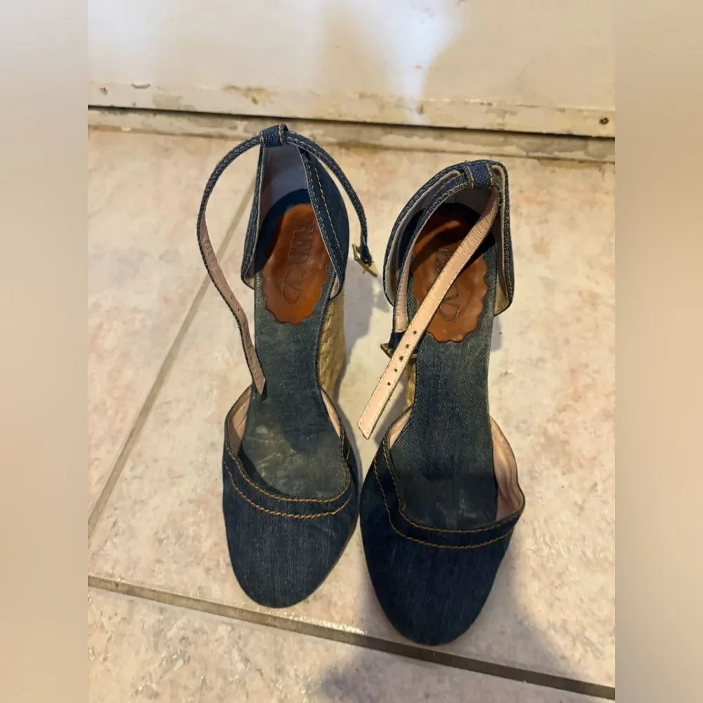 Red valentino sandals blue jean heels cloth wedges denim dress shoes platform